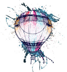 Watercolor Hot Air Balloon T-Shirt Design Vintage Sketch Art