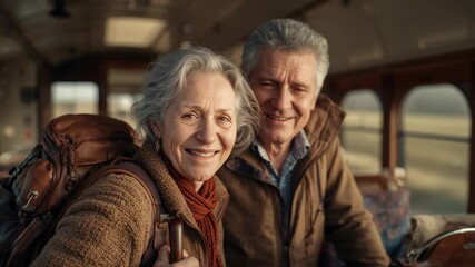 Smiling senior couple adjusting grip and leaning as photog calling on coach backpack stick sweater - Powered by Adobe