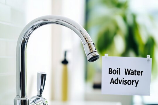 Modern kitchen faucet with a clear boil water advisory sign displayed prominently, emphasizing the importance of water safety in domestic environments