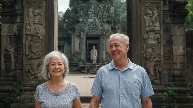 Touring seniors leaving temple doorway, handholding, he turning to her smiling blouse blue shirt