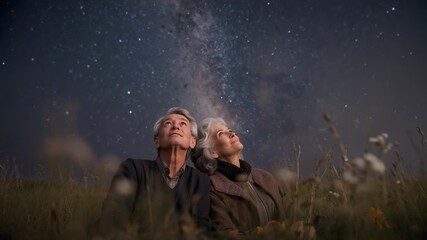 Leaning seniors tilting as clear sky drawing gaze viewing Milky Way amid grasses in jackets scarf - Powered by Adobe