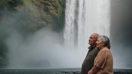 Watching couple green coat tan sweater turning to falls, leaning close with mist rising, copy space - Powered by Adobe