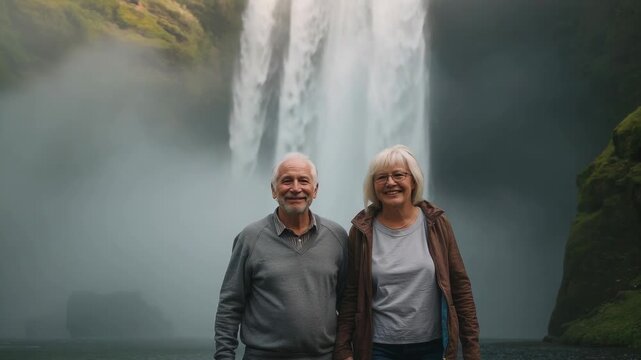 Stepping forward, senior couple posing at falls on outing amid mist, in brown jacket grey pullover