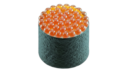 Salmon Roe Sushi Roll with Dark Nori Seaweed Cylinder Topped with Orange Ikura Caviar on Transparent Background Studio Lighting