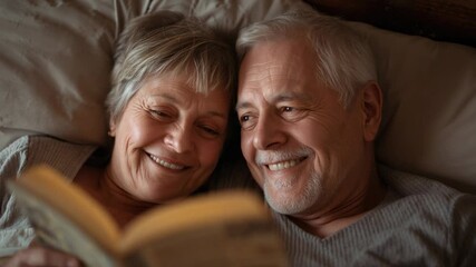 Opening paperback, senior couple in pajamas holding and reading in bedroom, sharing bedtime bond - Powered by Adobe