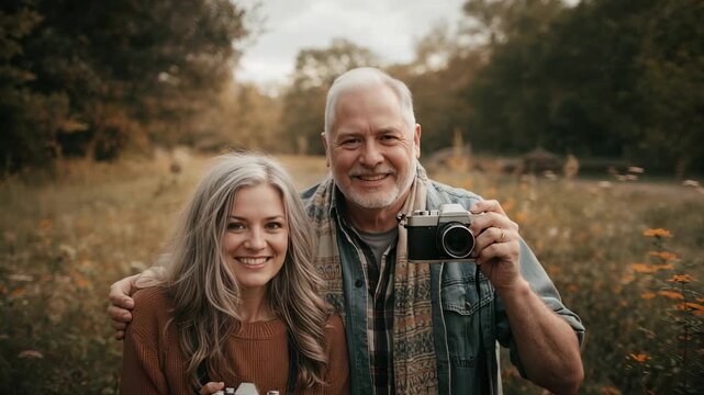 Smiling senior couple leaning in to pose as camera zooming in meadow, holding cameras, scarf-clad