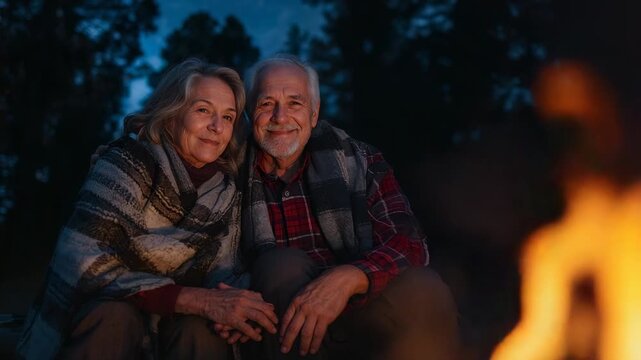 Holding hands senior couple with campfire flickering on bench, warming, wearing knit blanket, vest