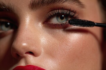 Macro shot of a woman applying black mascara with dramatic lighting. The image showcases her smooth skin texture, vivid eye makeup, and bold red lipstick.