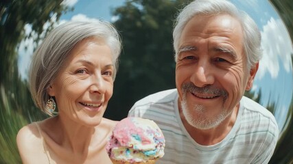 Leaning senior couple wearing tank top moving to lens, camera rolling in park, sharing waffle cone