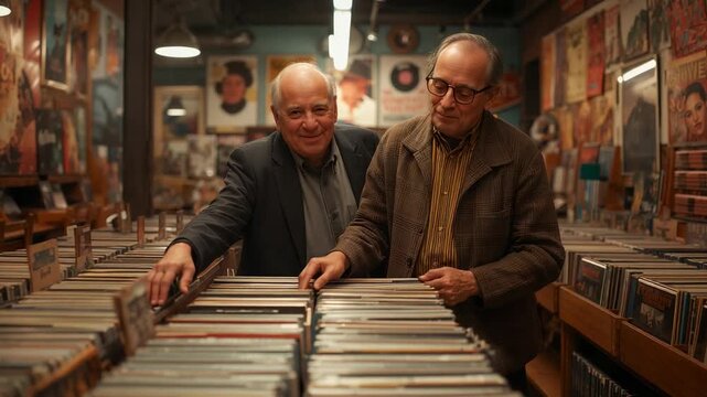 Reaching forward, two senior men flipping through wooden record bins at cozy store, seeking albums