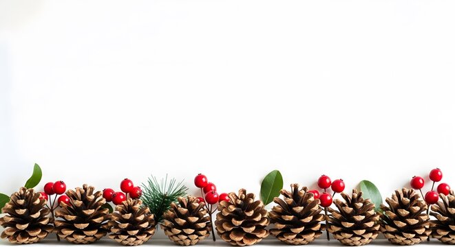 Festive pinecone border with red berries and greenery