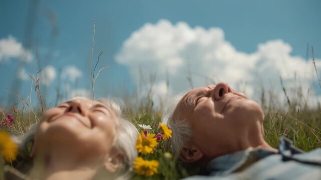 Gazing senior couple in meadow, cloud drift causing nods, yellow blooms between them, patterned top
