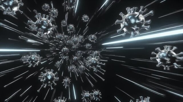 Dynamic digital illustration of rapidly multiplying virus particles, symbolizing the swift spread of infectious disease, pandemic threats, and global health challenges