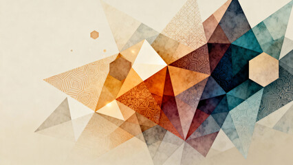 Abstract geometric explosion of colorful watercolor polygons and triangles with textured paper effect on a light background