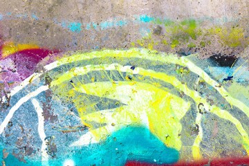 Naklejka premium Colorful abstract street art in neon yellow, teal, purple. Funky, urban vibe with bold textures, distressed surfaces. Perfect for digital art, creative banner, modern 90s, 2000s urban visuals.