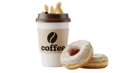 Coffee Cup and Glazed Donuts Isolated on Transparent Background for Cafe Beverages and Bakery Treats in Food Photography and Dessert Indulgence