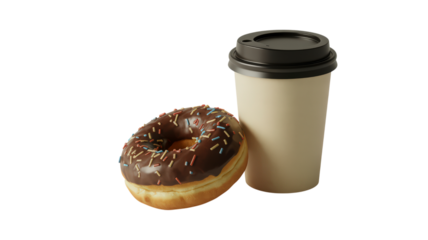 Coffee Cup Next to Chocolate Donut with Colorful Sprinkles Isolated on Transparency Ideal for Coffee Break and Sweet Treat Concepts Beverage and Bakery
