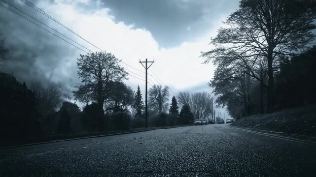 Flashing lightning revealing wet road reflecting oncoming headlights on rural road, utility pole