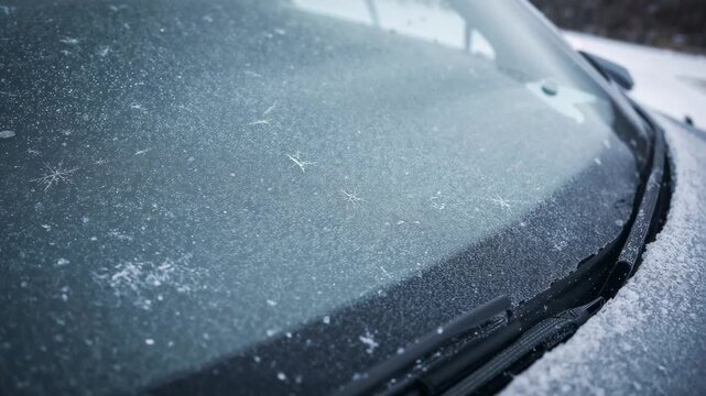 Starting to fall, light snow covering parked car windshield and rubber wiper cowl at snowy road