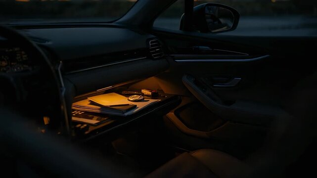Glowing glove compartment revealing notebook, wristwatch, key fob and pen inside parked car at dusk