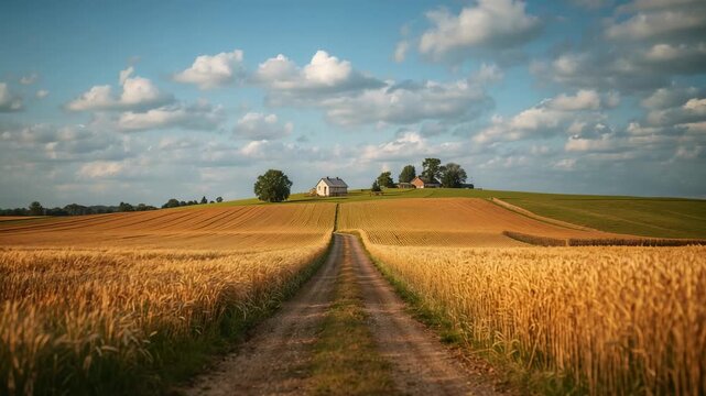 Pushing forward camera showing dirt track leading to farmhouse, drawing eyes through golden wheat