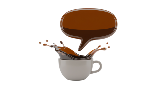 Coffee Splash and Message in Cup on Transparent BG Hot Beverage Refreshment Aroma Caffeine Energy Morning Drink Break Time Conversation Discussion Dialogue Suggestion Idea Concept