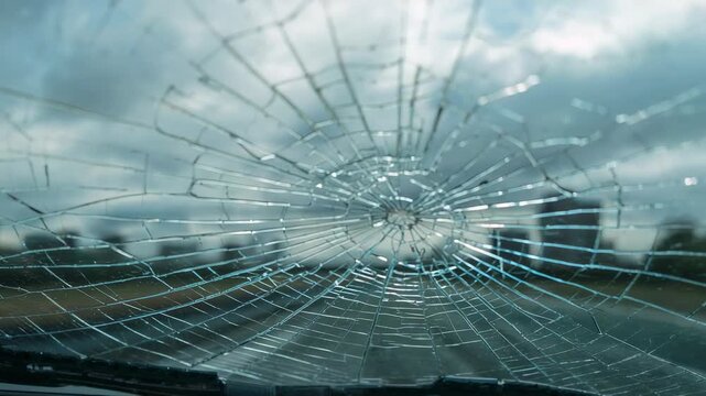 Showing spiderweb crack centered on windshield while vehicle commuting on wet road, with wiper base