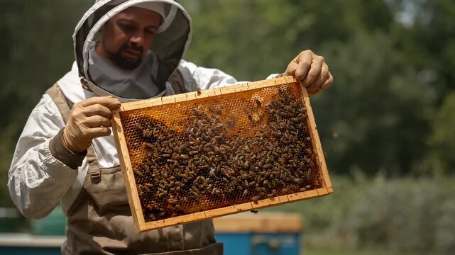 Lifting hive frame, beekeeper wearing veil and gloves inspecting comb at apiary, checking brood