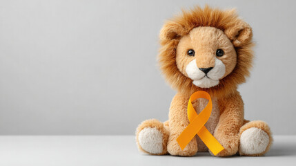 Plush lion with ribbon for awareness campaigns and gifts on white background