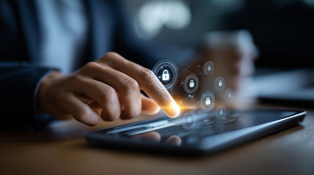 Professional hand interacting with virtual document scanner interface on tablet device holographic security icons floating above keyboard digital data protection symbols modern
