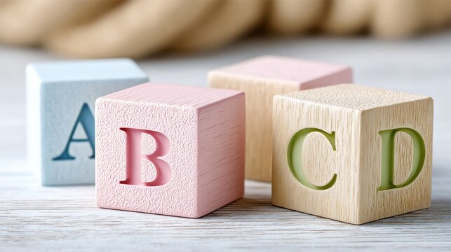 Educational toy cubes spelling abcd for children&rsquo;s learning and play on white background