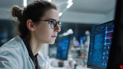 A young female thermal engineer analyzing heat transfer results in a technology research center during the afternoon. This footage showcases advanced technology and engineering processes. - Powered by Adobe