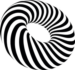 A black and white striped torus shape with a hole in the center on a white background space for text