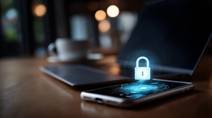 Secure authentication process on smartphone and laptop devices glowing padlock hologram online privacy protection multi factor verification system data encryption technology