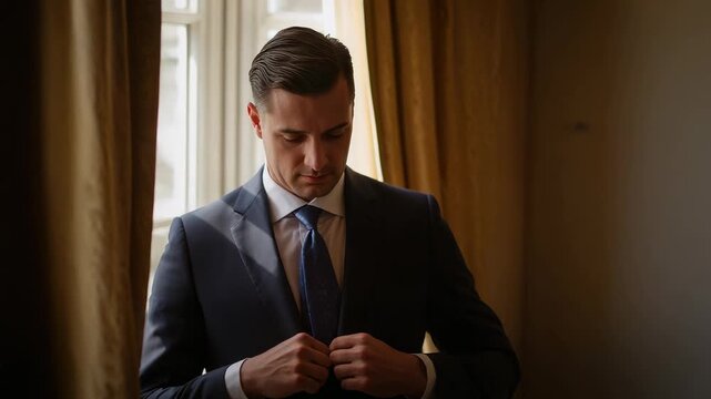 Buttoning man in navy suit fastening jacket front at hotel window, adjusting blue tie for meeting