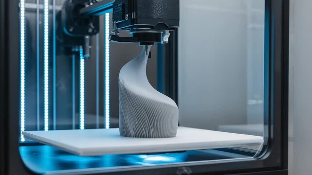 Print job starting, extruder nozzle laying plastic in chamber on heated bed, defining twisted vase