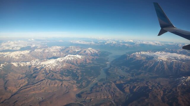 Gliding during cruise, window showing aerial view over snow peaks, winding river, winglet visible