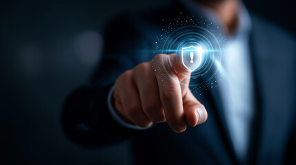 AI powered threat detection interface with warning indicators and shield icon digital security system data breach prevention cyber risk management platform automated security