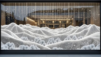 A window display featuring a scenic view of snow-covered mountains in a winter setting.