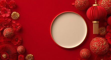 Elegant red chinese new year decorations with a blank frame mockup