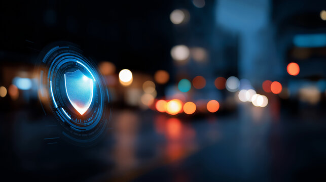 AI powered threat detection interface with warning indicators and shield icon digital security system data breach prevention cyber risk management platform automated security