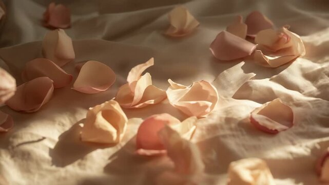 Shifting sunlight coaxing pale pink rose petals tilting on cream bed sheet, camera creeping closer