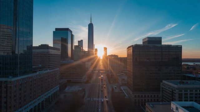 Filming drone flying main avenue, framing spire tower, sun brightening, showing dawn, cars moving