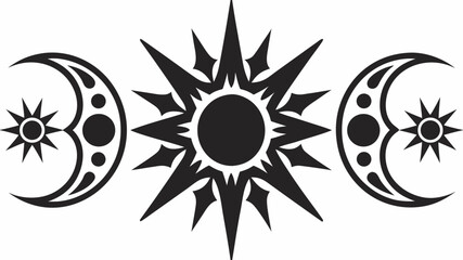 Fototapeta premium Black and white illustration of a sun symbol between two crescent moon phases with stars around it