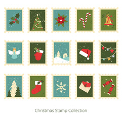 Fototapeta premium Christmas and Advent calendar stamp and icon sticker set with holiday elements: candy, gifts, Christmas tree, fir tree, angel, golden bell, snowflake, snowman, baubles, candles, and winter scenes