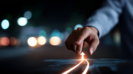 Professional pointing at strategic goal icon on virtual roadmap interface business milestone visualization project planning dashboard success trajectory mapping digital