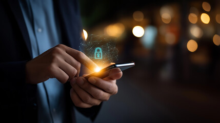 Business hand holding smartphone with security padlock hologram password protection visualization encrypted communication system mobile data security online privacy technology