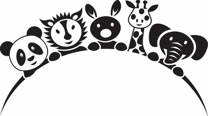 Fototapeta na wymiar Cartoon animals including panda lion rabbit giraffe and elephant holding a curved banner element vector