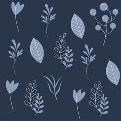 Elegant winter botanical seamless pattern with white and light blue berries, leaves, and grass on a dark blue background.
