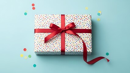 Delightful polka dot gift box with elegant red ribbon and confetti on a bright blue background, perfect for birthdays, celebrations, and festive occasions